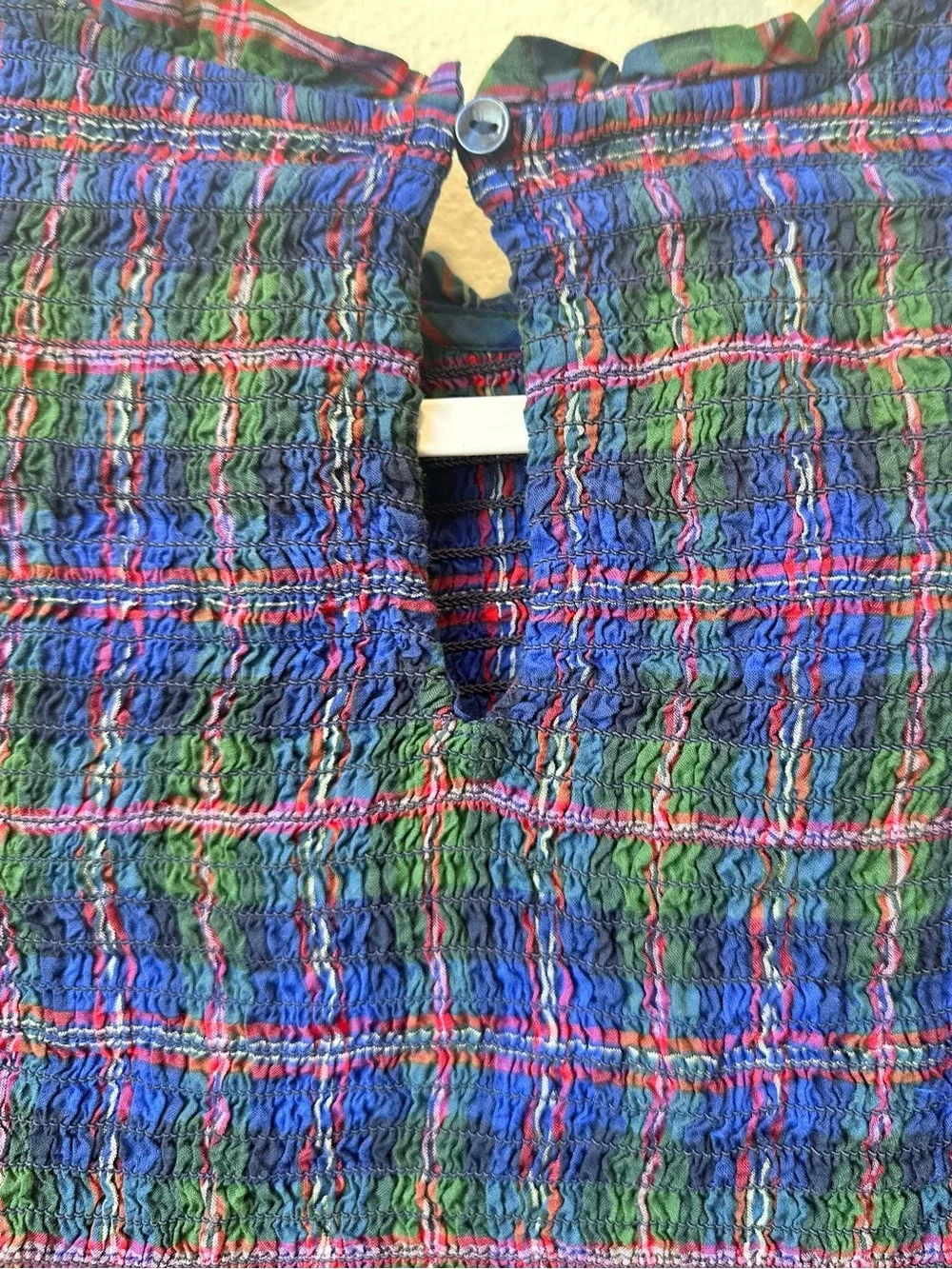 Old Navy Blue & Green Plaid Smocked Peplum Blouse Medium